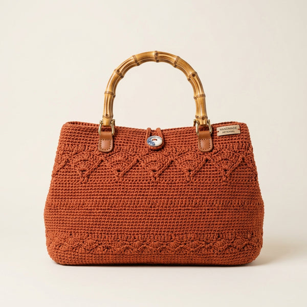 Everyday Crochet Handbag - Knit Purse with Bamboo Handles
