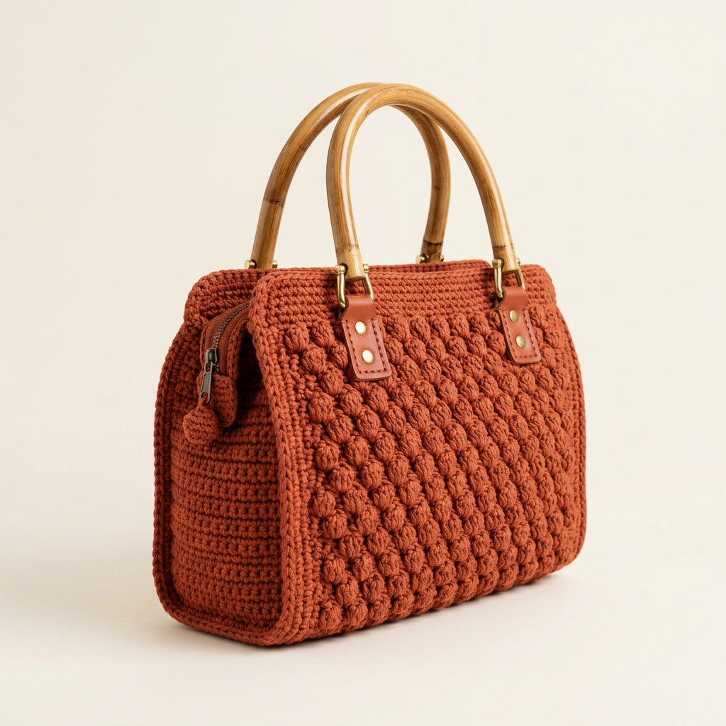 Everyday Crochet Handbag - Knit Purse with Bamboo Handles
